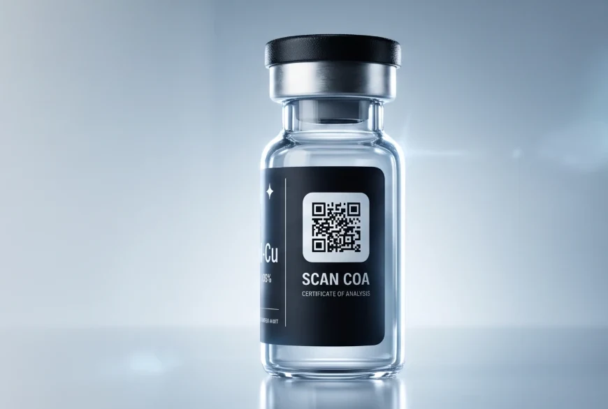 A Glow GHK-Cu vial with a code on its label linking to its certificate