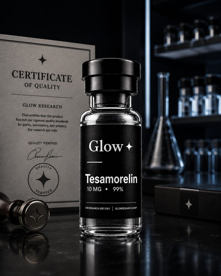 A Glow Research vial photographed beside its paperwork.