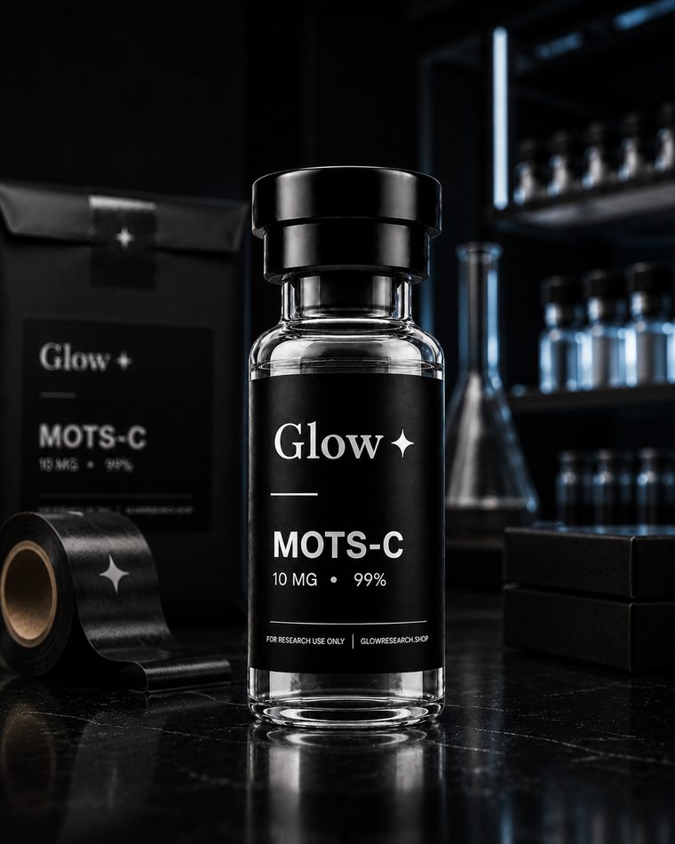 A Glow Research vial beside sealed packaging and tape, ready to go out.