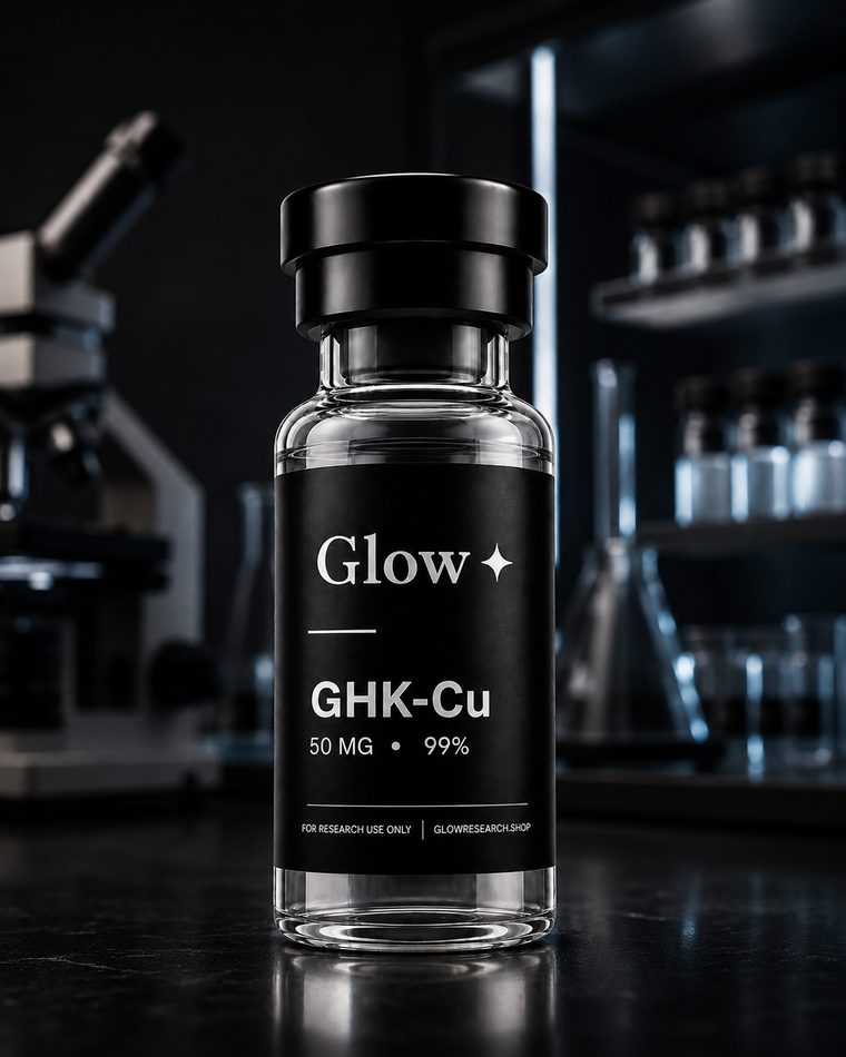 A Glow Research vial on a laboratory bench beside a microscope.