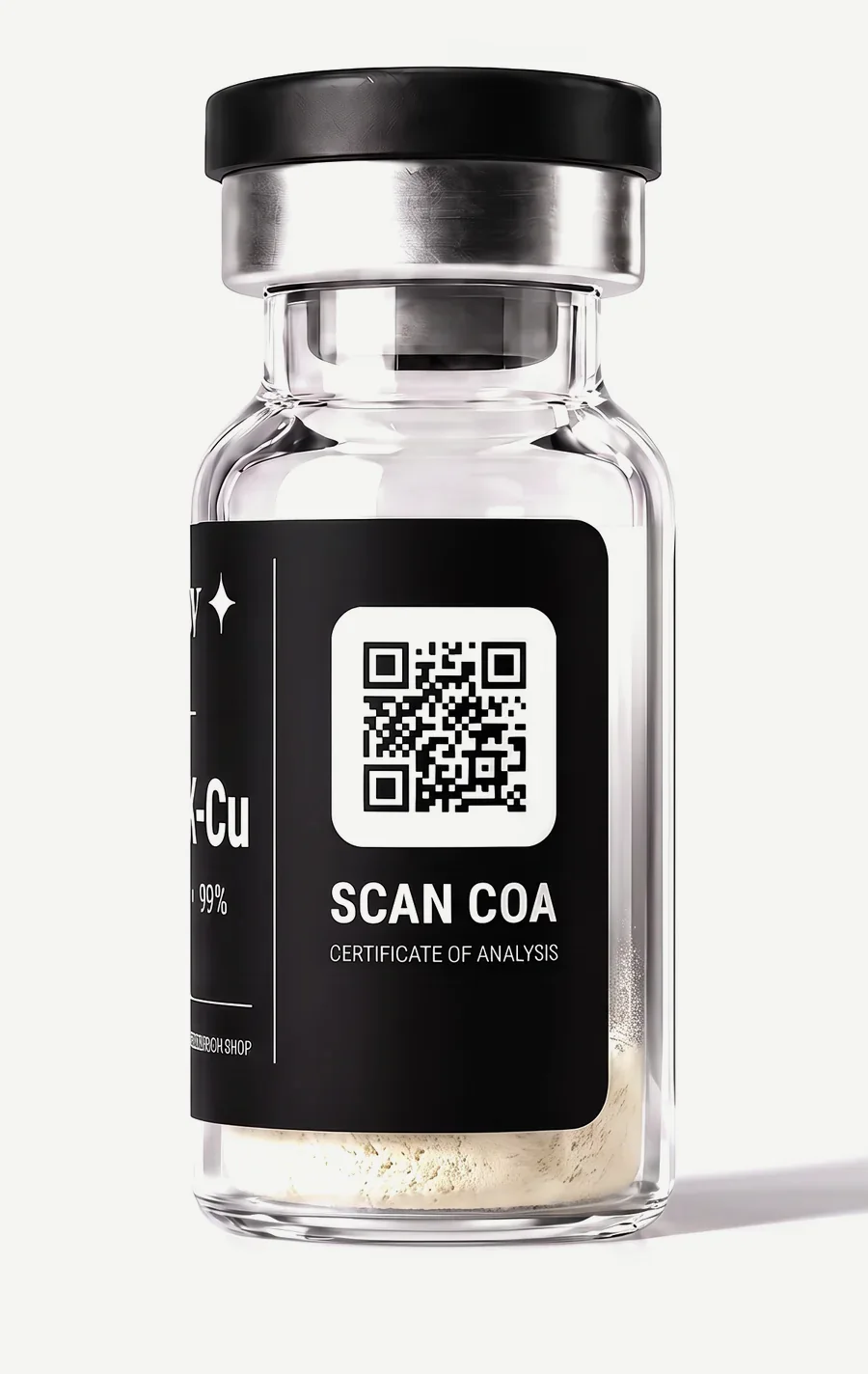 A GHK-Cu vial with a code on its label beside the words Scan COA.