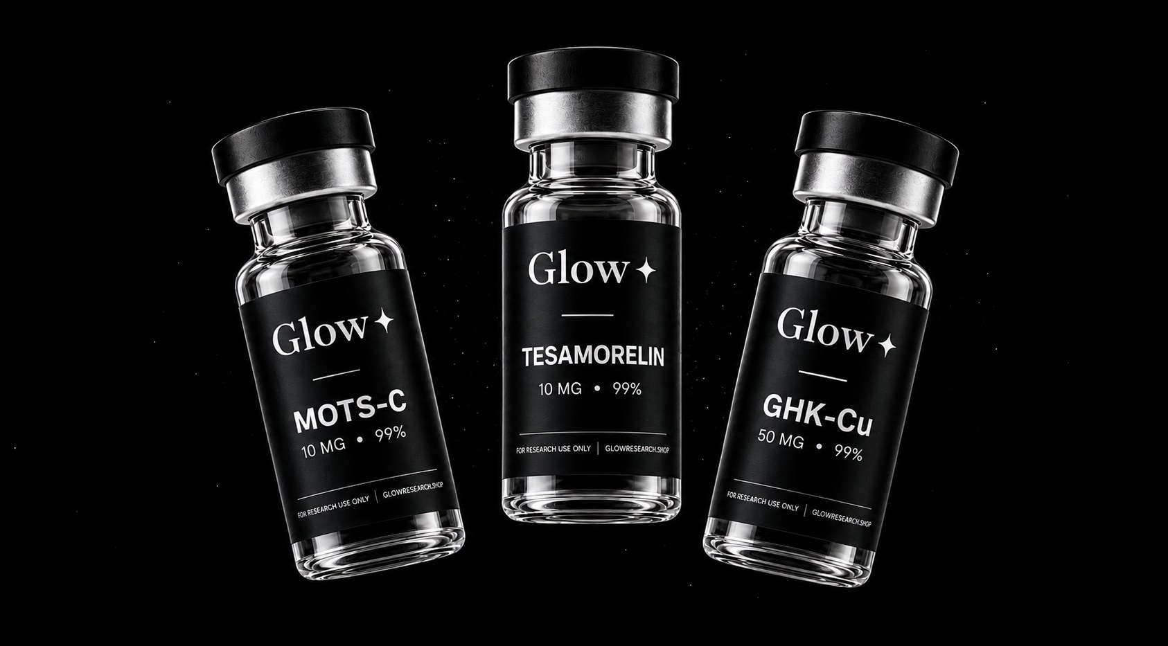Three Glow Research peptide vials, MOTS-C, Tesamorelin and GHK-Cu, on a pure black backdrop