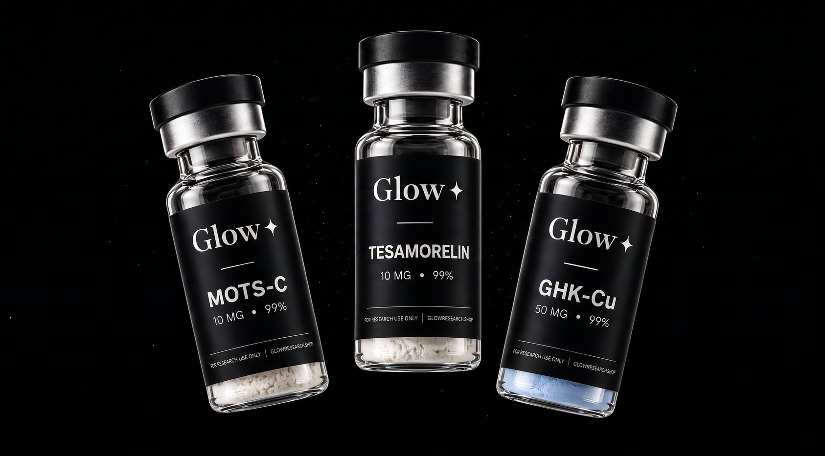Three Glow Research peptide vials, MOTS-C, Tesamorelin and GHK-Cu, on a pure black backdrop